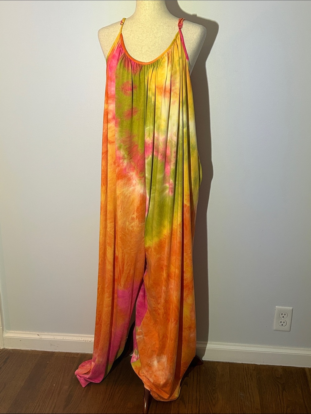 Tie-Dye Wide-Leg Jumpsuit in Orange, Pink & Green Boho Beach